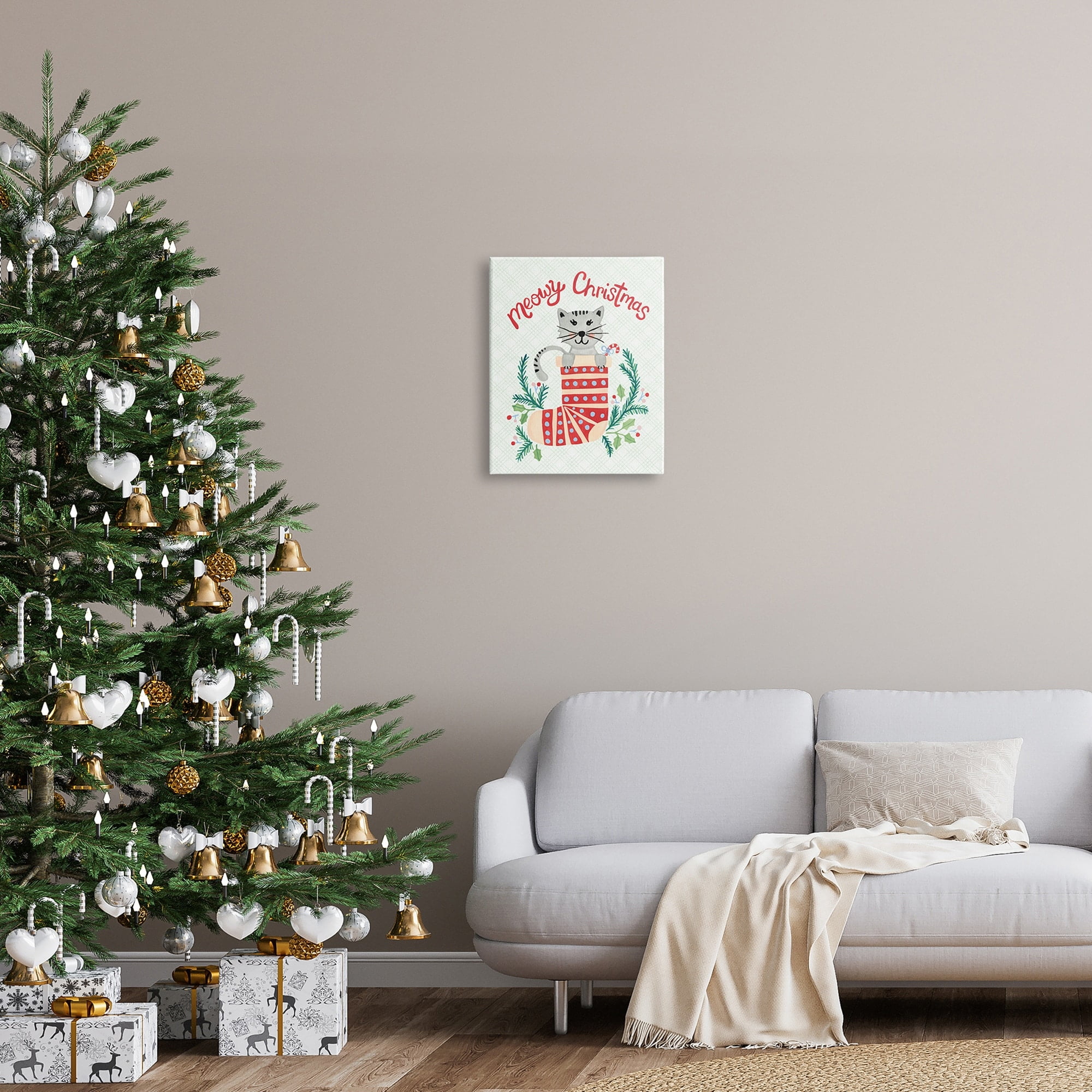 Meowy Christmas Clever Cat Nestled Patterned Stocking Animals & Insects Painting Gallery-Wrapped Canvas Print Wall Art
