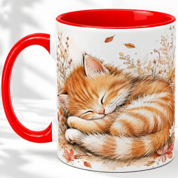 Sleeping Tabby Kitten Accent Mug, 11oz Ceramic Mug for Cat Lovers Glossy ceramic mug with double-sided autumn kitten artwork for daily coffee or tea