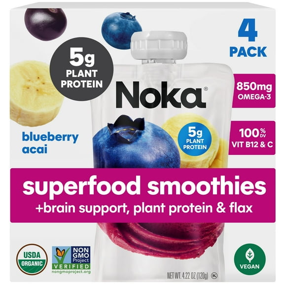 Noka Organic Superfood Smoothie Pouches, Plant Protein, Blueberry Acai, 4.22oz, 4 Pack