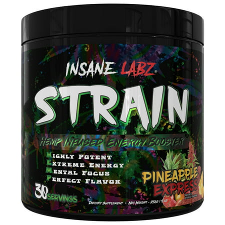 Insane Labz STRAIN nextHEMP infused Mid Stimulant Pre Workout Powder Loaded with Caffeine, Yohimbine, Betaine Anhydrous fueled by AMPiberry-30 Servings - Pineapple