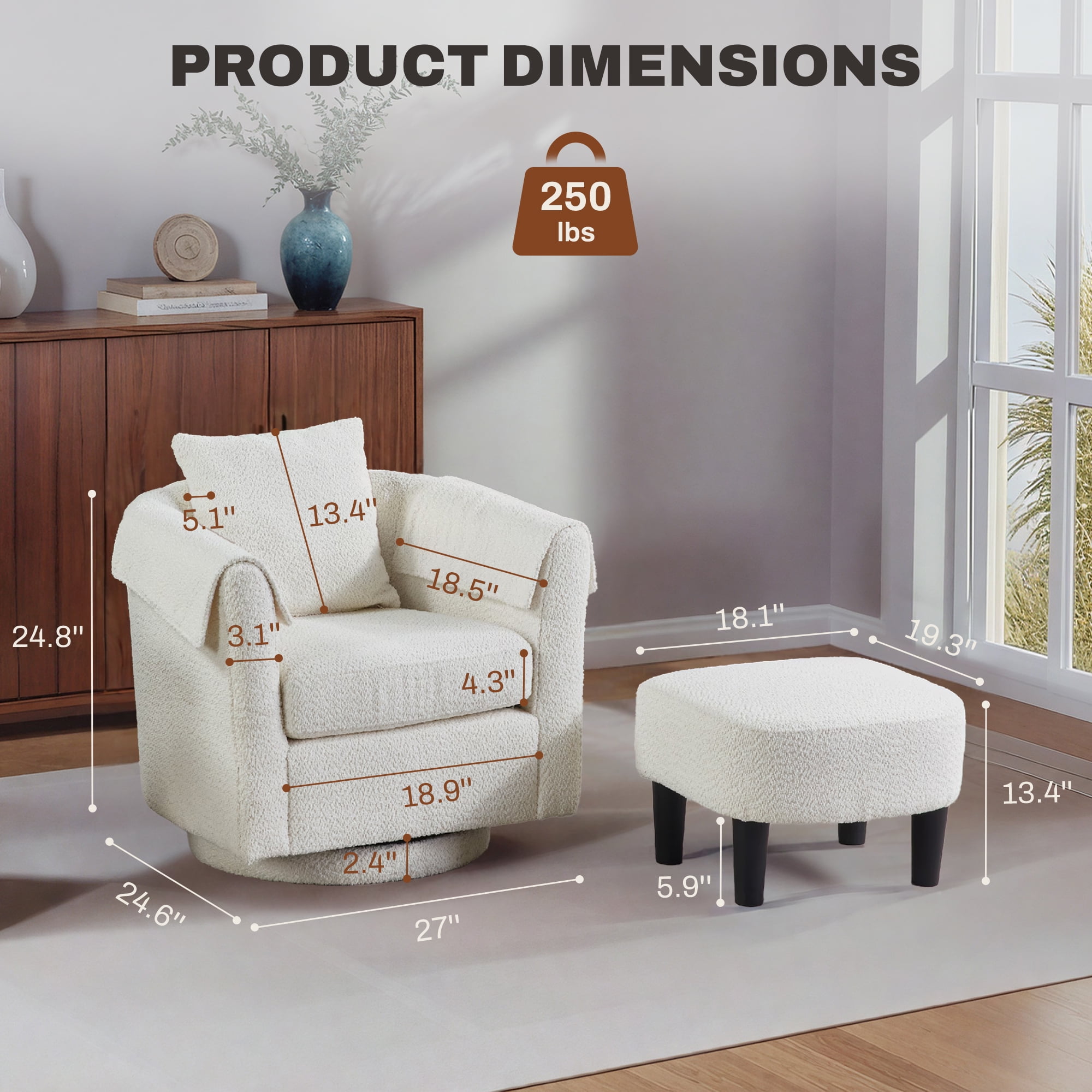FunniHomi 18.5"D x 18.9"W Small Swivel Accent Chair, Upholstered Round Barrel Chair with Removable Back Pillow, Ottoman Set and Armrest Covers for Kids and Teens, White