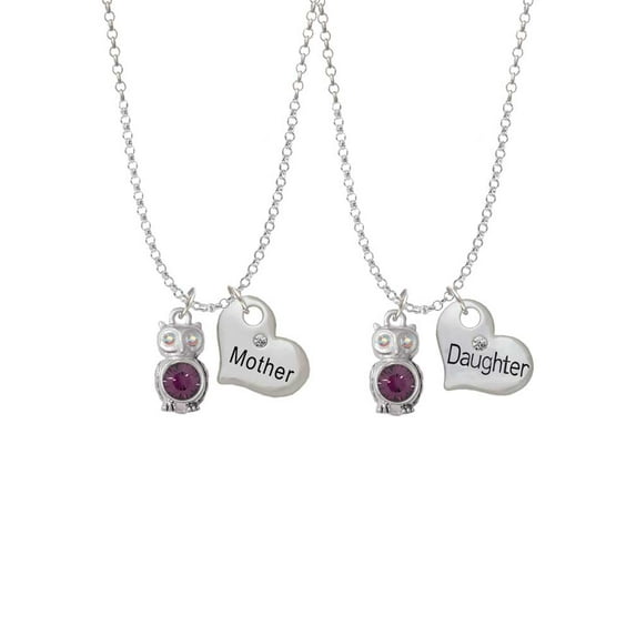 Delight Jewelry Silvertone 3-D Purple & AB Crystal Owl Mother & Daughter Heart Necklaces (Set of 2), 19"+2"