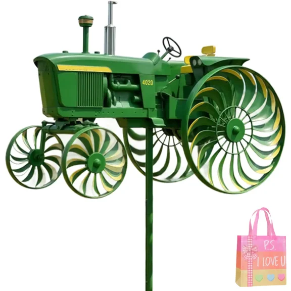 Green Tractor Windmill Stake,Garden Wind Spinner,with Rotating Wheels, Unique Outdoor Sculptures Ornament Gift for Friends Family(1pc