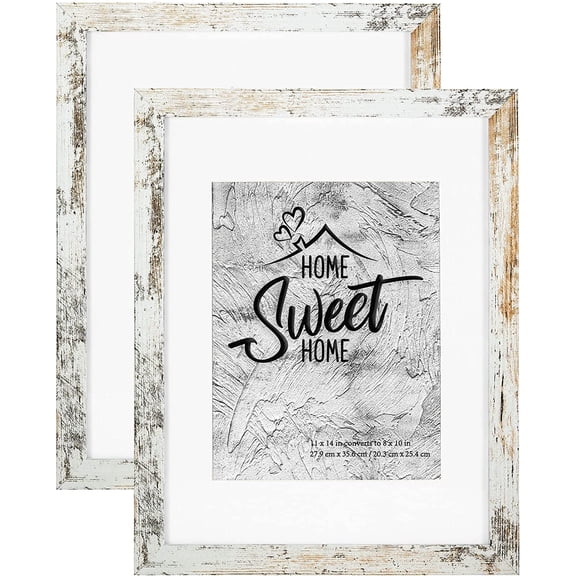 Rustic White 11x14 Picture Frame - Display Photos 8x10 with Mat or 11x14 Without Mat - HD Glass Inside, Set of 2