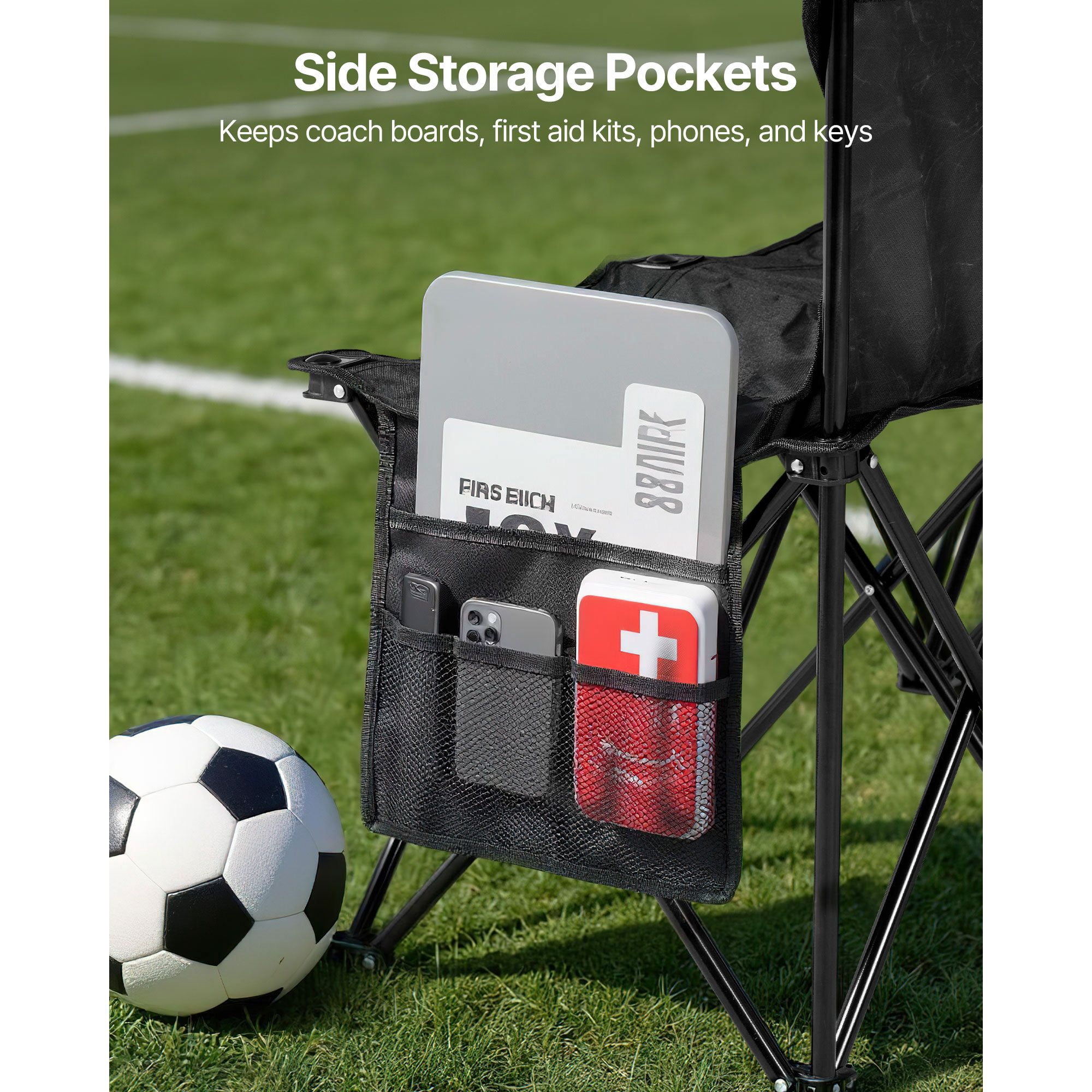 4 Person Portable Folding Sports Bench with Backrest, 4-Seat Foldable Soccer Sideline Bench Black with Side Storage Pockets Carry Bag, 600D Oxford Outdoor Team Bench for Football Camping Events