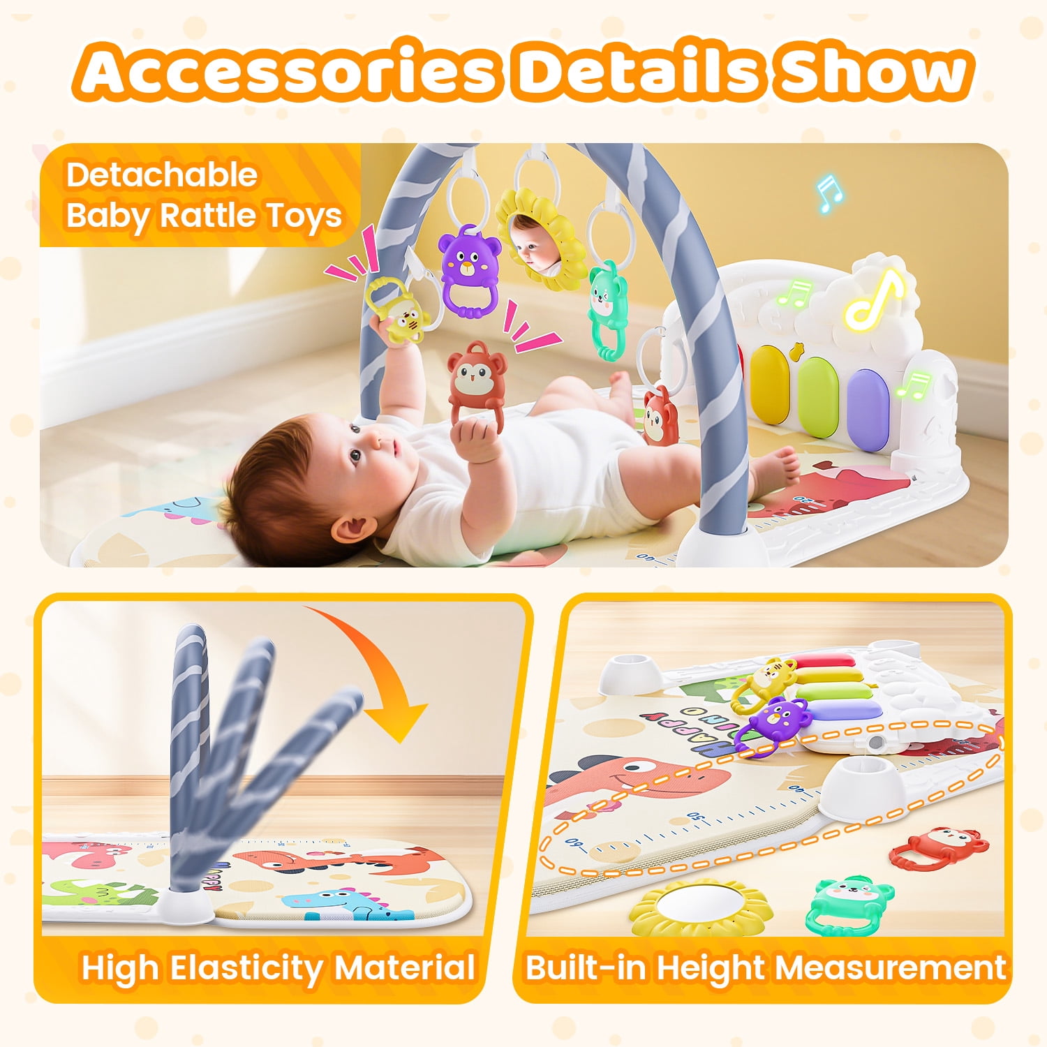 WonderStone Baby Gym Playmat for Infant,Tummy Time Water Mat with 5 Infant Sensory Baby Toys & Musical Piano Activity for 0-36 Months Boys Girls，Yellow