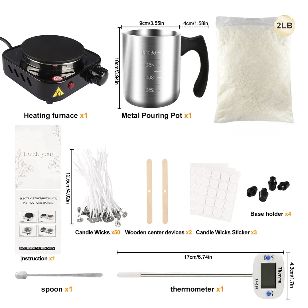 Candle Making Kit with Wax Melter, Include 2 lbs Soy Wax, Melting Pot, Electric Stove, Thermometer, Stirring Stick, Stickers, Cotton Wicks, Wick Adhesive Paper. Ideal for Beginners and Adults DIY Cra