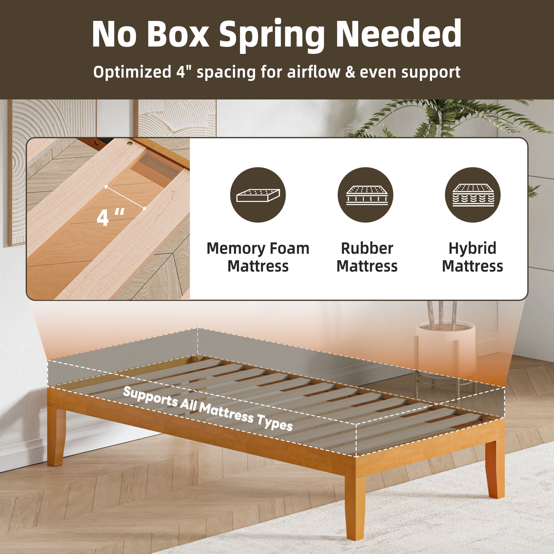 Gianna Twin Size Wood Platform Bed Frames 14 Inch No Box Spring Need, 500 LBS Capacity, Noiseless, Honey Finish