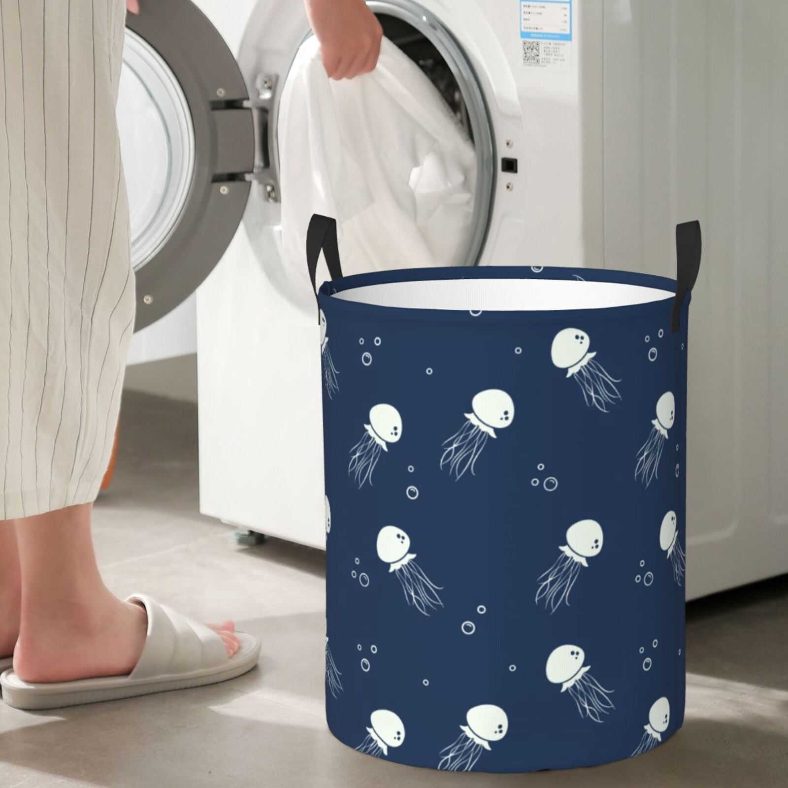 Large Laundry Basket with Handles - White Jellyfish Kids Baby Dirty Clothes Laundry Hamper for Bedroom Aesthetic
