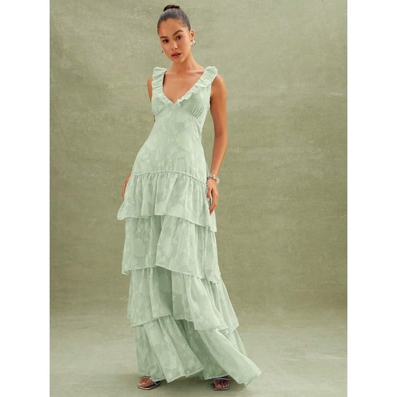 Mint Green Floral Textured Tiered Ruffle Maxi Dress For Wedding Event