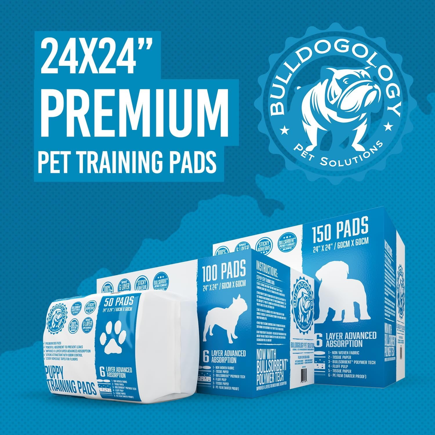 Bulldogology Premium Puppy Pee Pads with Adhesive Sticky Tape (24x24) Large Dog Training Wee Pads with 6 Layer Extra Quick Dry Bullsorbent Polymer Tech (150-Count, White)