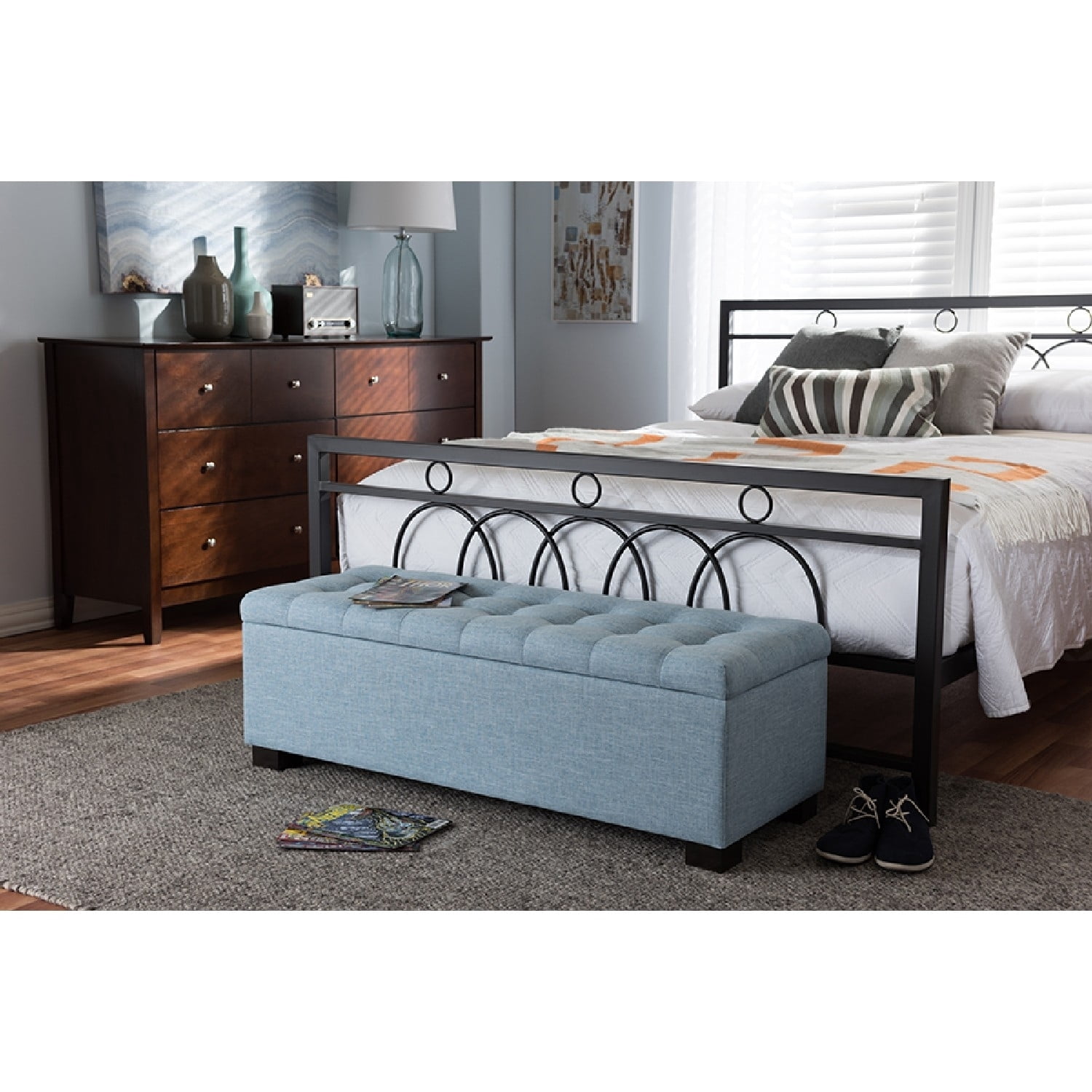 Baxton Studio Roanoke Modern and Contemporary Light Blue Fabric Upholstered Grid-Tufting Storage Ottoman Bench