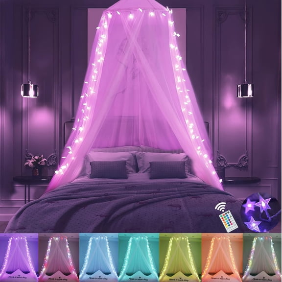 Pink Bed Canopy for Girls, Bedroom Decor Princess Canopy Bed Curtain with Lights, 100 LED Star Fairy String Lights Hanging Dome Bed Tent with Remote for Twin to King Size Bed