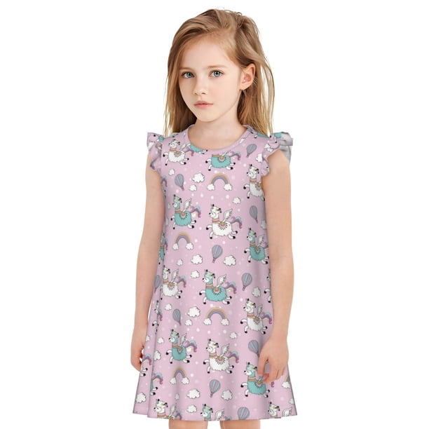 Fotbe Llama Unicorn and Rainbow Vestido de Dormir para Niñas de 3 a 10 Años, Mangas Cortas, Estilo Princesa, Pijama Camisón con Mangas Voladas-X-Large