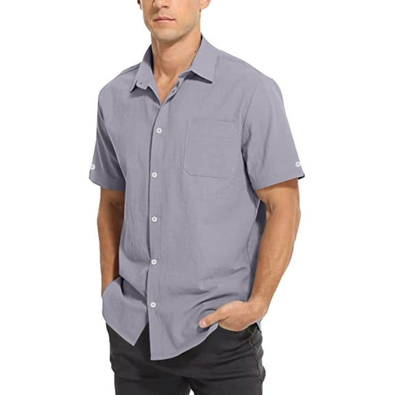 NAFUU Men's Linen Shirts Short Sleeve Casual Shirts Button Down Shirt For Men Regular-Fit Solid Color Shirts Summer Tops With Pocket