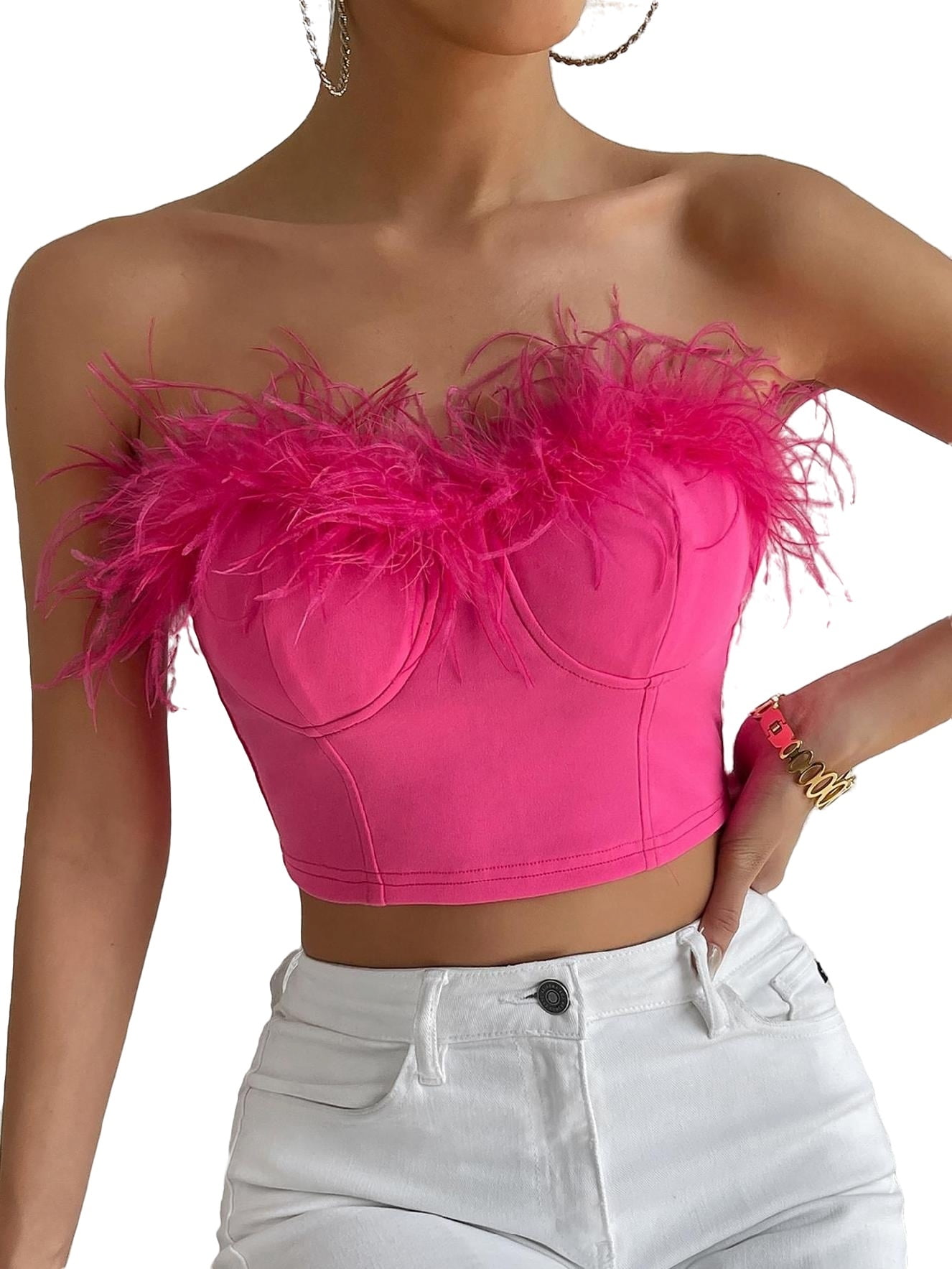 Women's Crop Stretch Plain Party Plain Strapless Hot Pink Tops