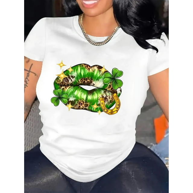 Camiseta con estampado de labios del Día de San Patricio para mujer: cuello redondo, manga corta, algodón transpirable, lavable a máquina, estilo informal.