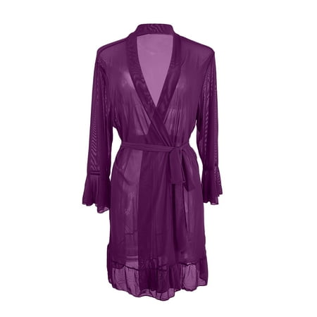 B91xZ Lingerie For Women Womens Lace Trim Kimono Robe Satin Short Bathrobe Sleepwear V Neck Silk Dressing Gown Milk Bath Dress Purple L