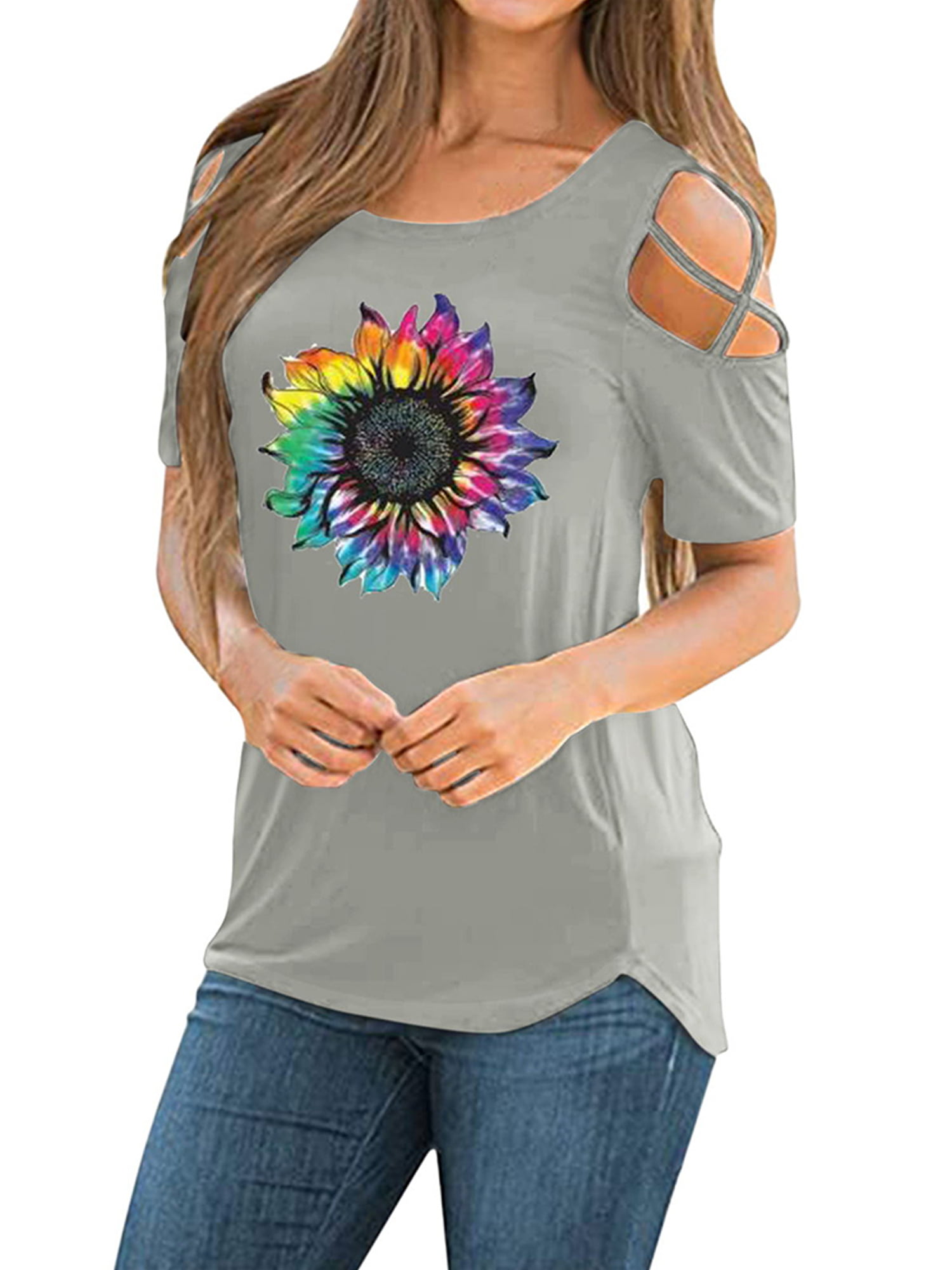 Women Blouse Tops Summer Floral Printed Blouse Cold Off Shoulder T-Shirt Tops