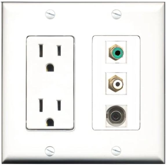 RiteAV - 15 Amp Power Outlet 1 Port RCA White 1 Port RCA Green 1 Port 3.5mm Decorative Wall Plate