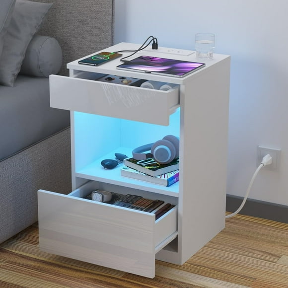 Open Shelf LED Nightstand with Charging Station 2 Drawers Bedside Table White Night Stand with Storage Smart Nightstands High Gloss Night Table with Led Light for Bedroom Furniture
