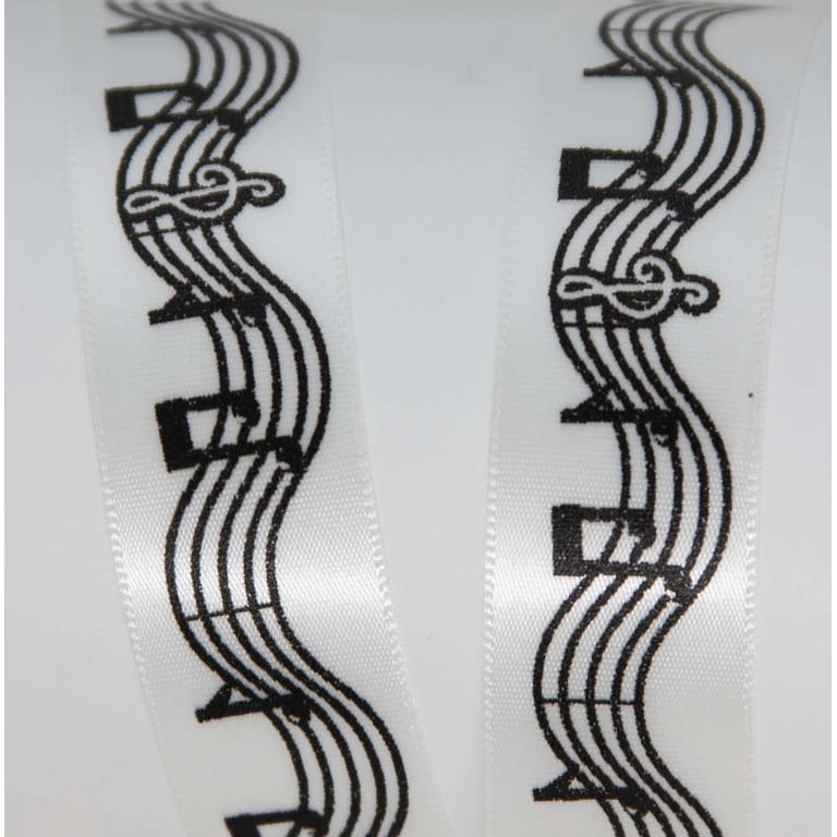 Offray Ribbon, White 7/8 inch Musical Notes Satin Ribbon, 9 feet
