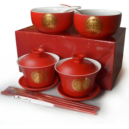 Fiesta Bone Porcelain Tableware Gift 8/Set Gaiwan Bowl Spoon Chopsticks for Wedding Party (Auspicious Dragon and phoenix)