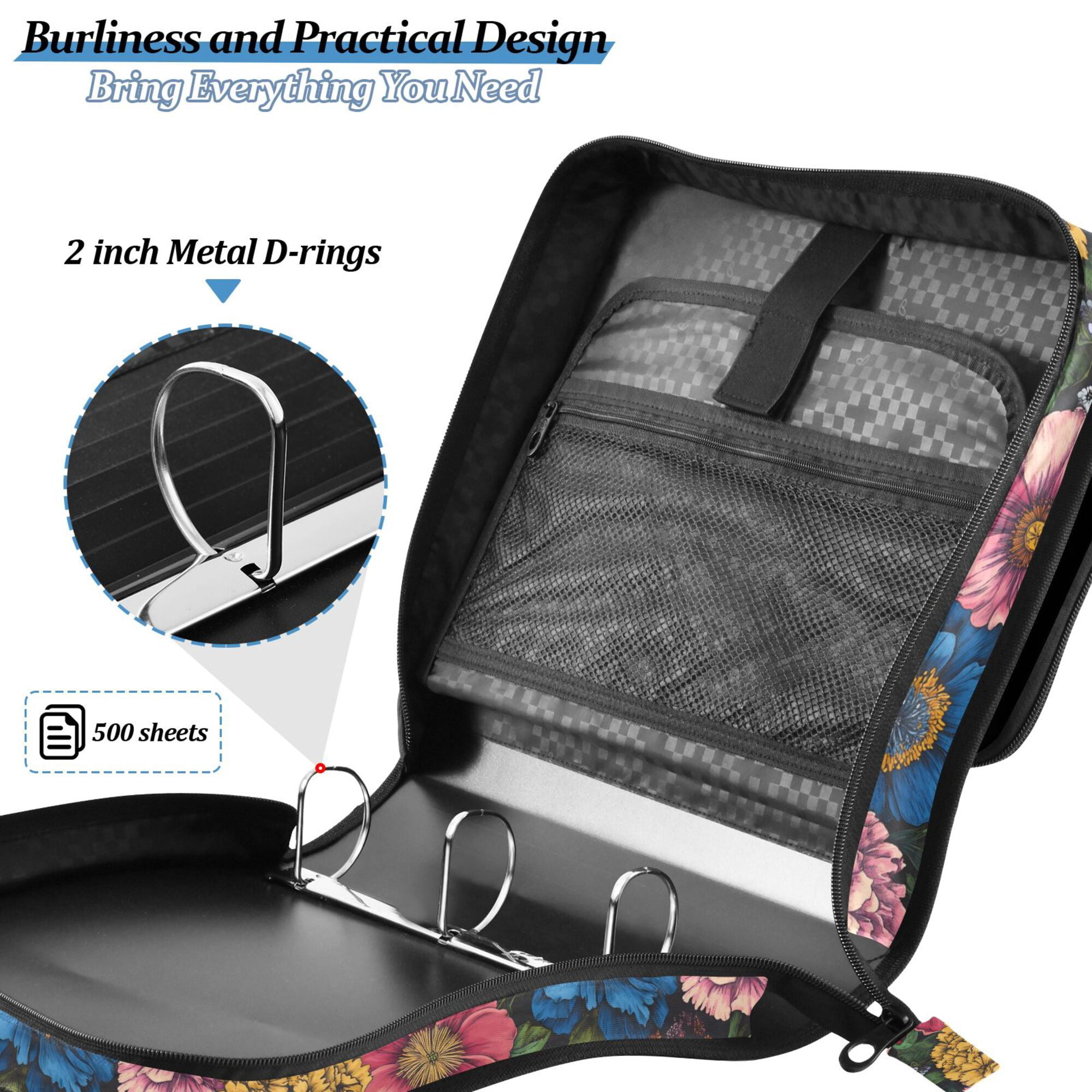 FORMRS Zipper Binder with Shoulder Strap 2-inch Ring 500 Sheet Capacity File Bag, Vibrant Blooming Flowers
