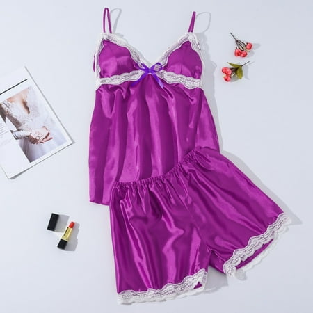 

UDAXB Lingerie Women Satin Vest Silk Lingerie Bow Lace Pajamas Sleepwear Camisole Shorts Set