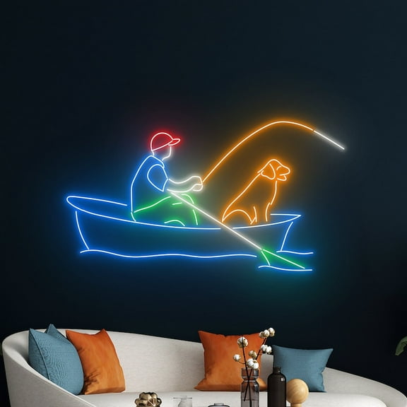 Handmadetneonsign Fishing Neon Sign, Fishing On Boat Neon Light, Man And Dog Fishing Led Light