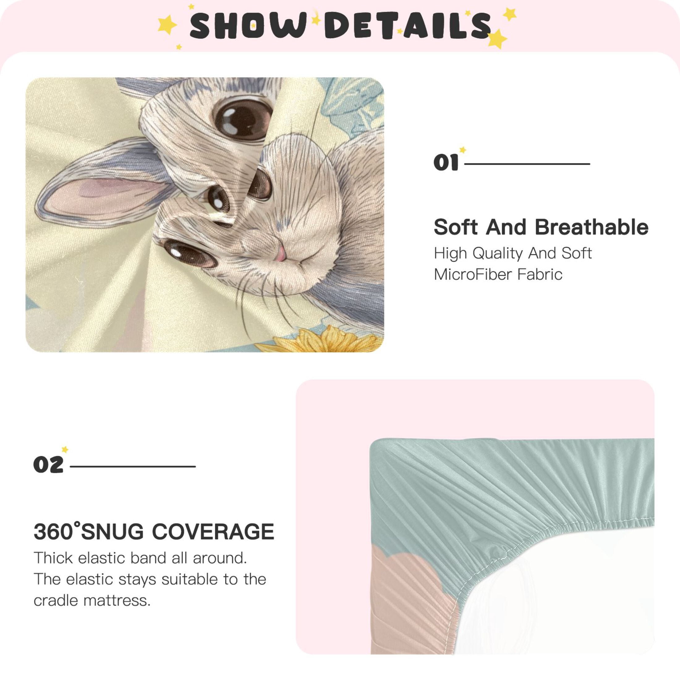 Baby Essentials 52”x 28”- Standard Cotton-like Modal Elastic- Cute Cartoon Rabbit Design Crib Sheets for Newborns and Toddlers