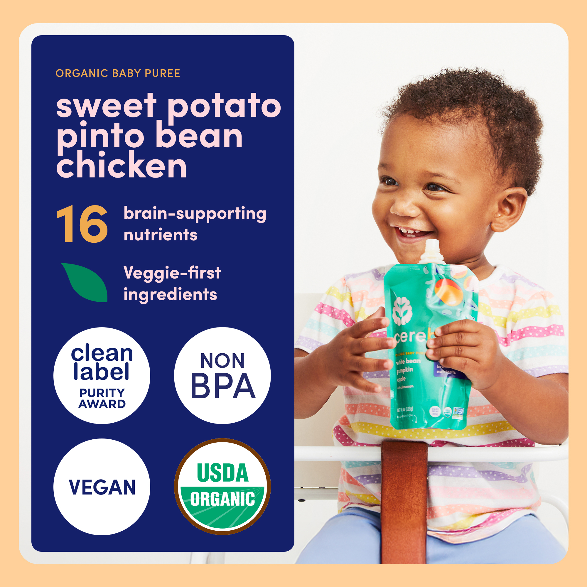Cerebelly Organic Baby Food, Sweet Potato Pinto Bean Chicken Broth with Cumin, 4 oz Puree Toddler Pouches, 6 Pack