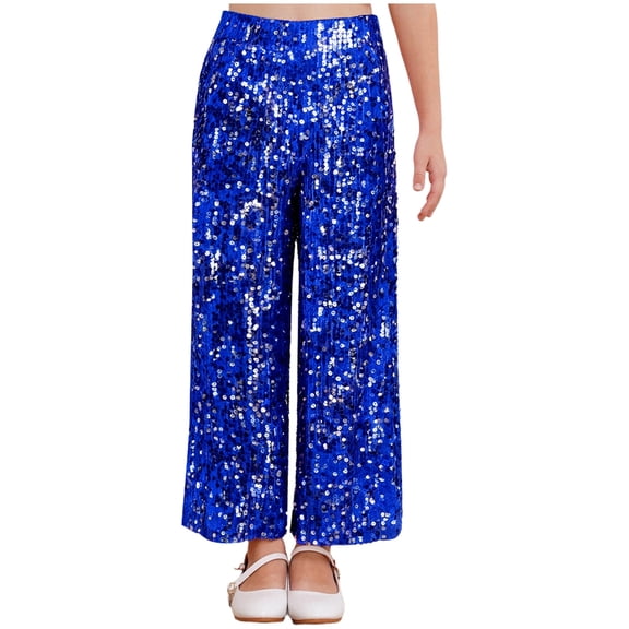 TiaoBug Kids Girls Sequin Pants Sparkly Wide Leg Trousers Hip Hop Jazz Dance Disco Party Rave Outfits Royal Blue 6