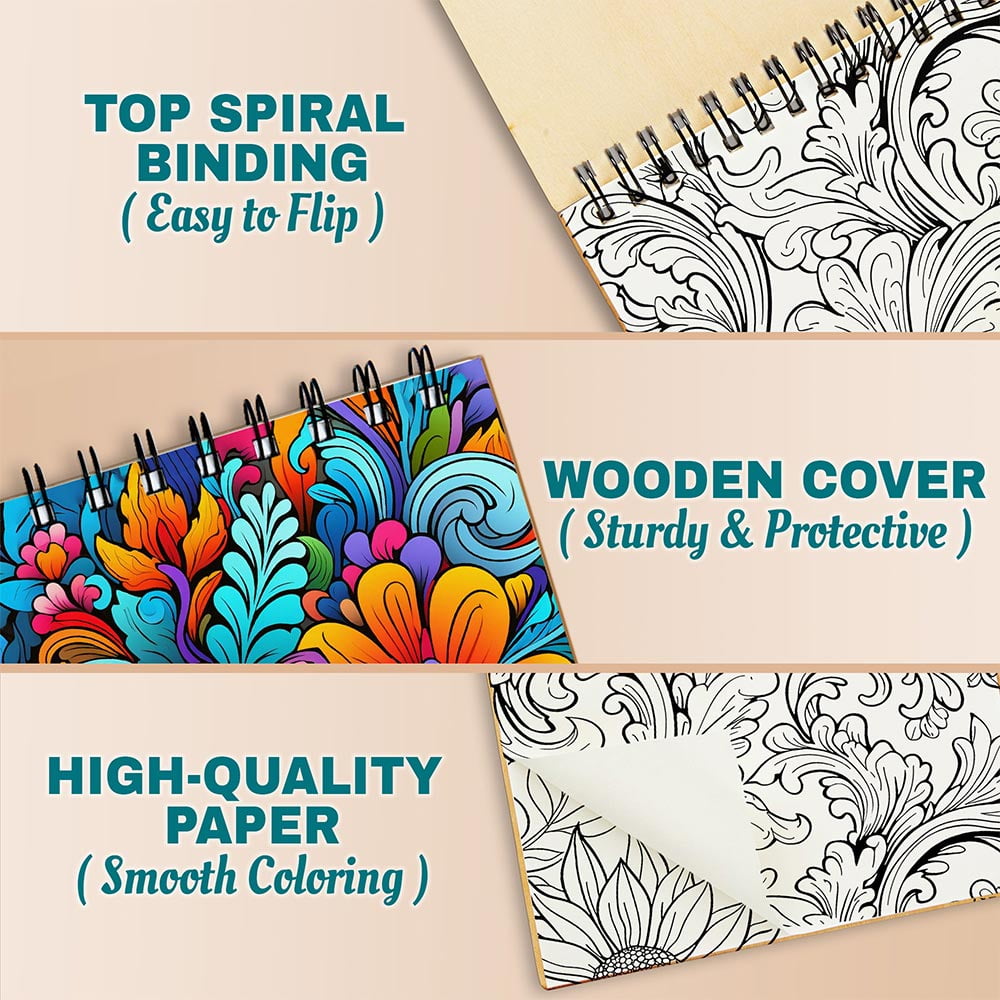 Netecom Incredible Pattern Coloring Book Spiral Bound For Adults, A5 Wooden Cover, 30 Beautiful Coloring Pages of Vibrant Flower and Nature-Inspired Designs for Stress Relief and Relaxation