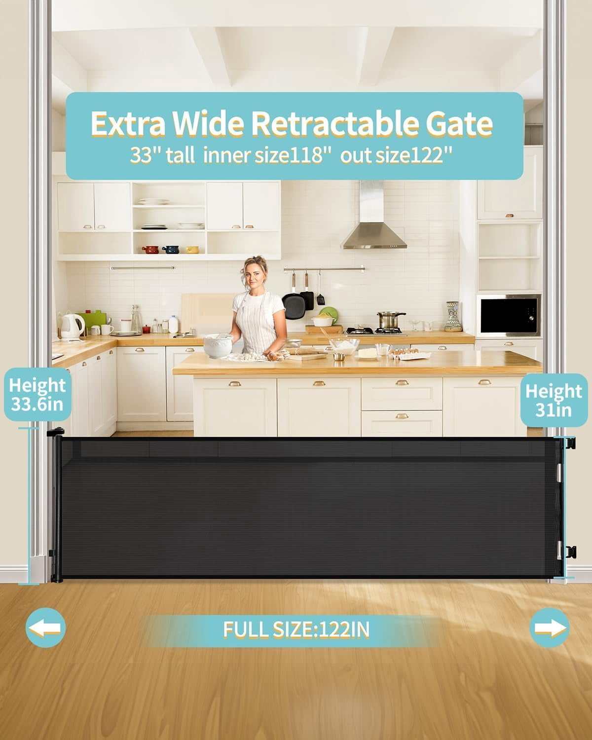 Retractable baby safety gate – width adjustable up to 55 inches – child and pet safety barrier – easy installation, safety latch, grey mesh fabric, suitable for both indoor and outdoor use.