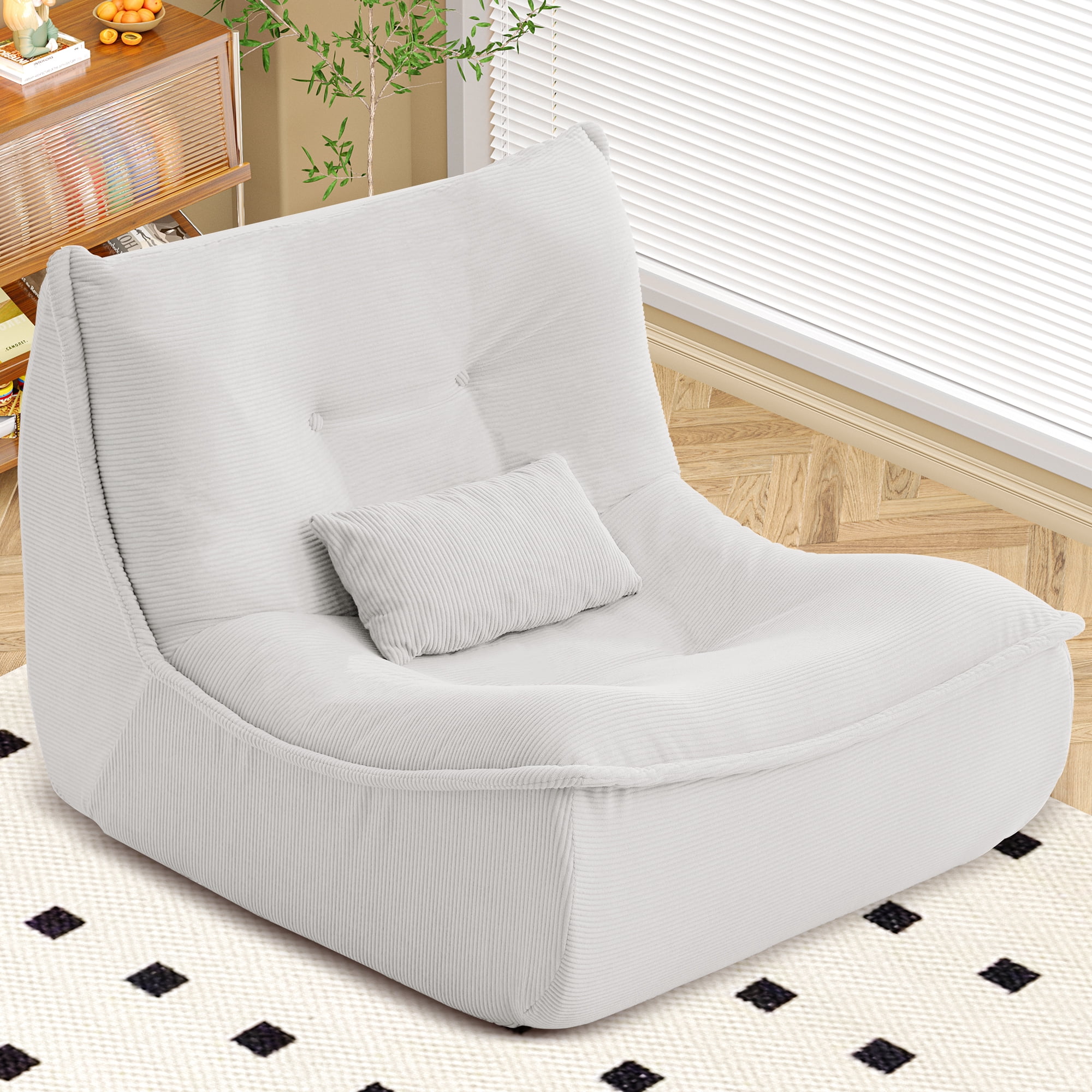 NBLDGT Bean Bag Chair for Adults, Single Lounge Chair with Lumbar Pillow, Comfy Floor Sofa with High-Resilience Foam, Lazy Accent Chair for Living Room, Bedroom, Apartment, Or Reading Corner, White