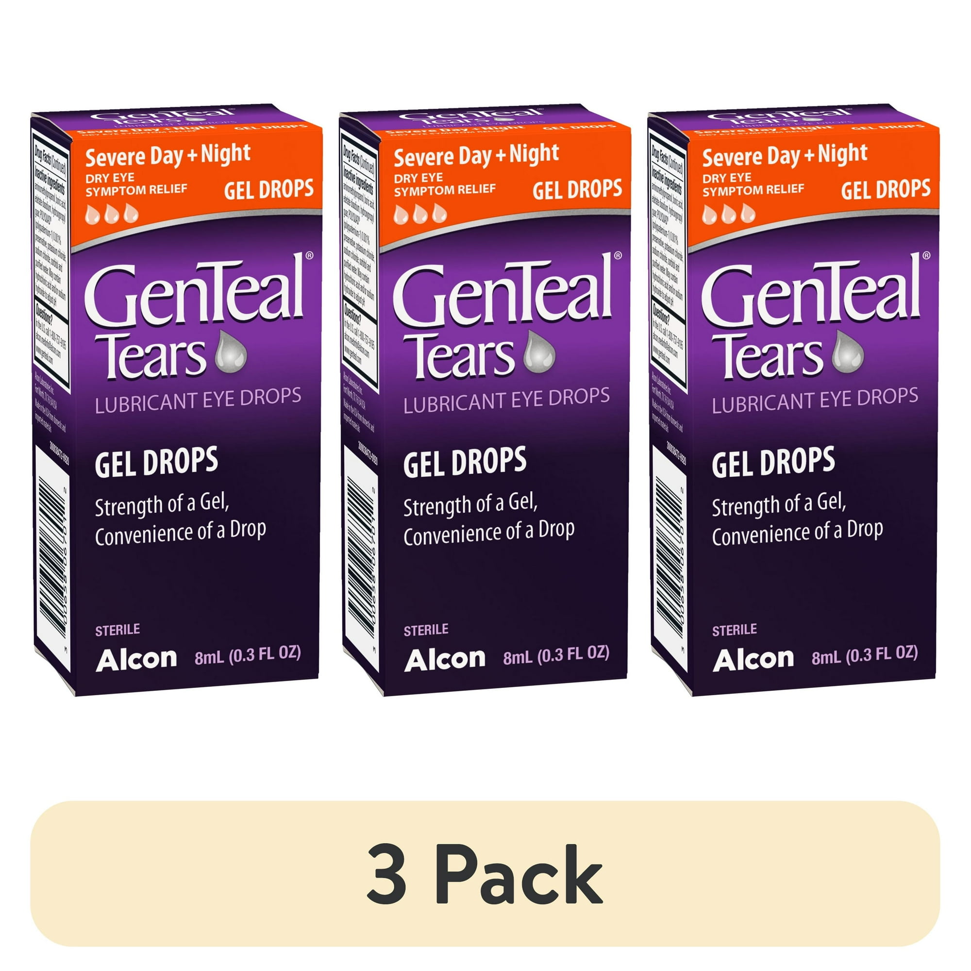(3 pack) GenTeal Tears Gel Lubricating Eye Drops, Day + Night Severe Dry Eye Relief, 8 mL