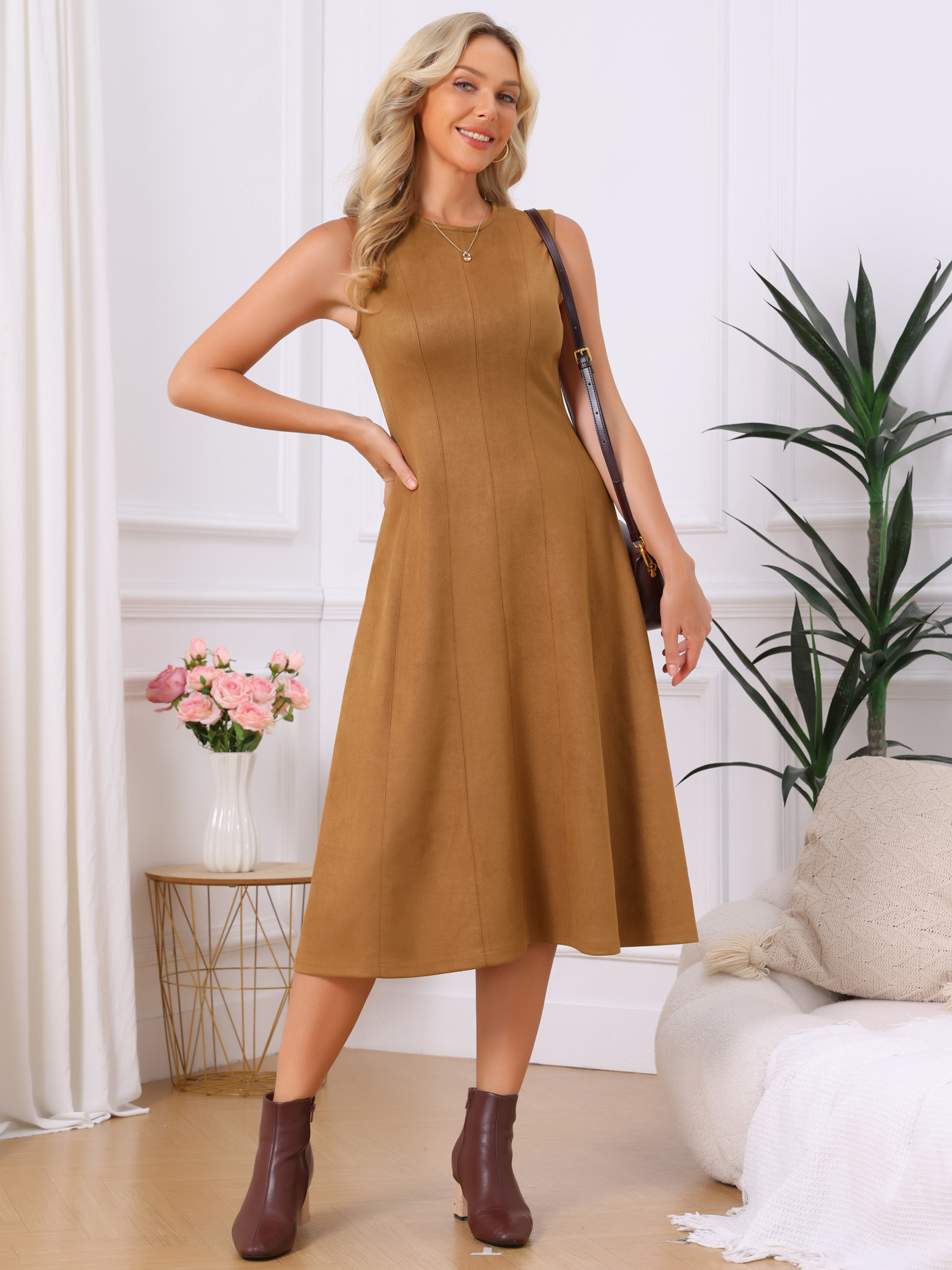 DARING DIVA Women's Faux Suede Sleeveless Crewneck A-Line Midi Dress XL Brown