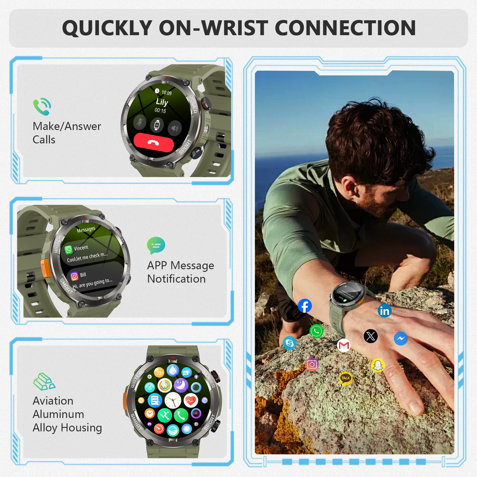 Blackview 1.45" Waterproof Military Smartwatch for Men,with Calling,Flashlight,Compass,100+ Sports Modes,960mAh Battery,fits for iPhone Android,Green