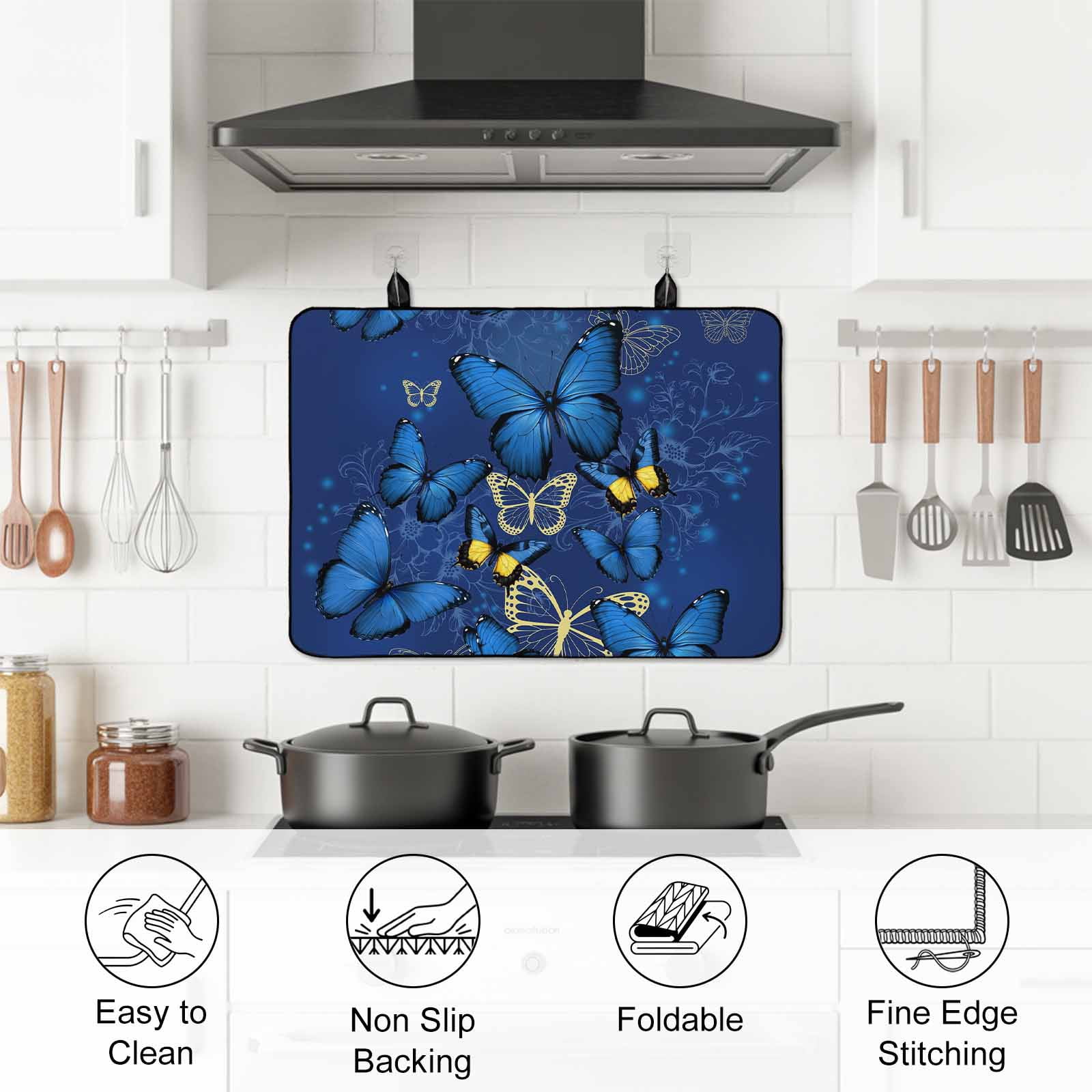 Blue Butterfly Stove Top Cover for Electric Stove, Heat-proof & Non Slip Glass Top Stove Cover Protector, Farmhouse Modern Nature Animals Art Kitchen Flat Cooktop Rubber Mat 24x21 Inches