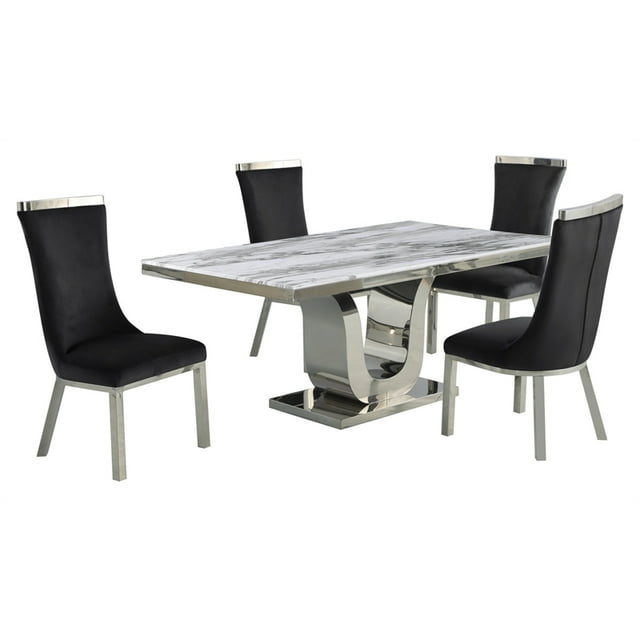 White Marble 5pc Dining Set with Silver Stainless Steel and 4 Chairs