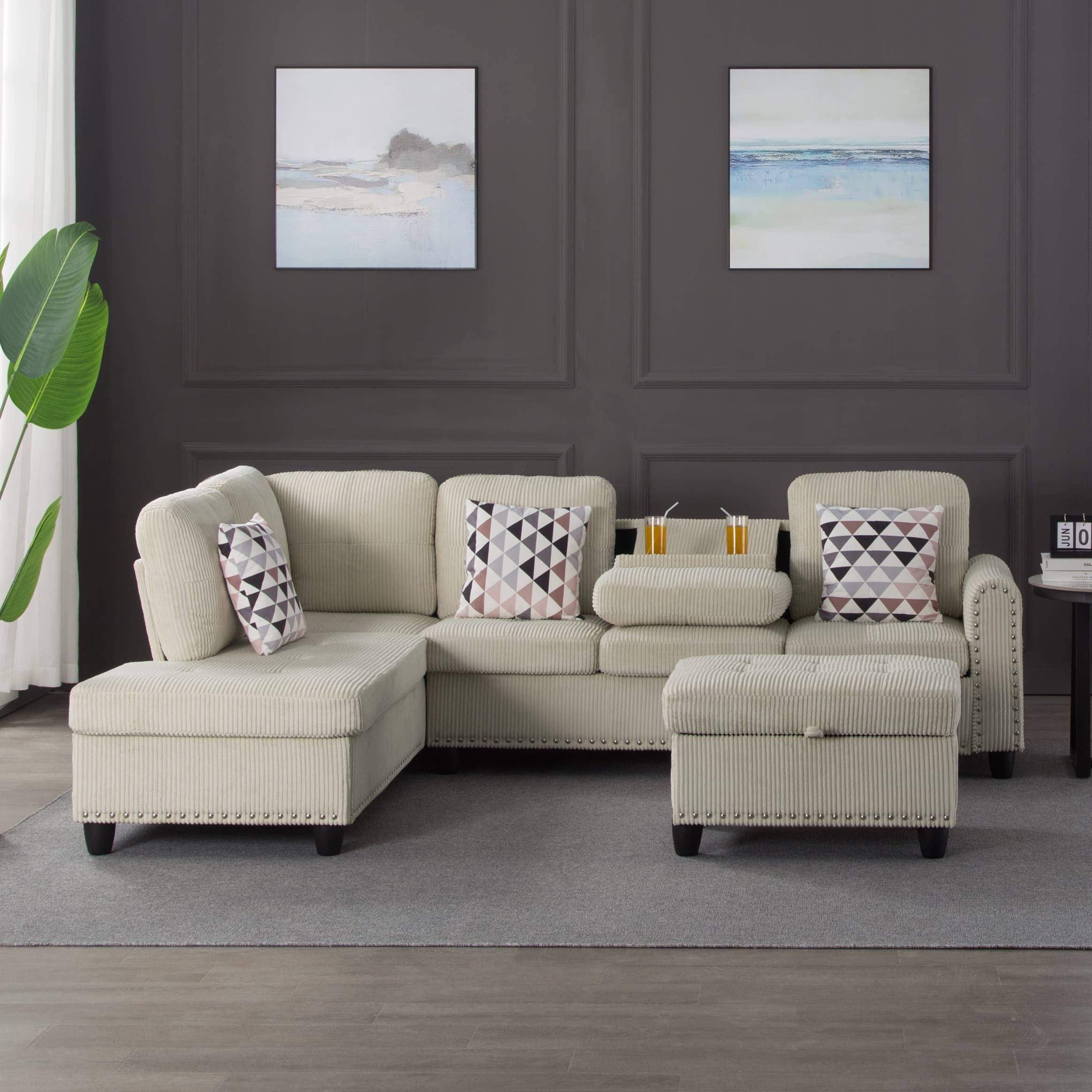 BSHTI 94.49”L-Shaped Modular Sectional Sofa, with Convenient Storage Ottoman, Corduroy Fabric, Drop-Down Middle Backrest with Two Built-In Cup Holders, Beige