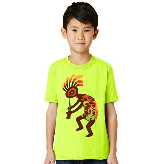 High Visibility Kids KOKOPELLI T-shirt - Safety Green, Medium (front print)