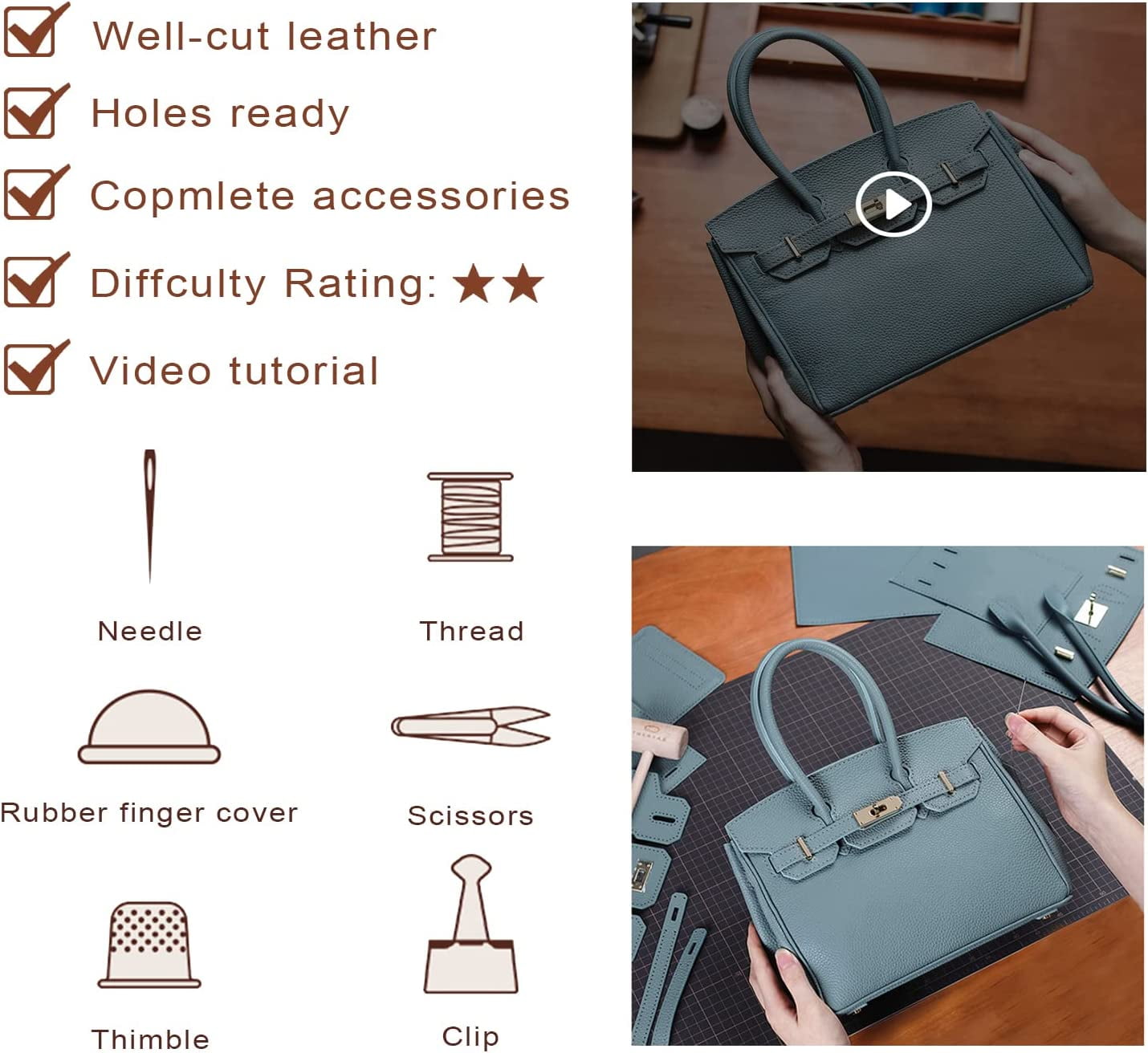 POPSEWING Top Grain Leather Mini Birkin Bag Charm DIY Kit Taupe