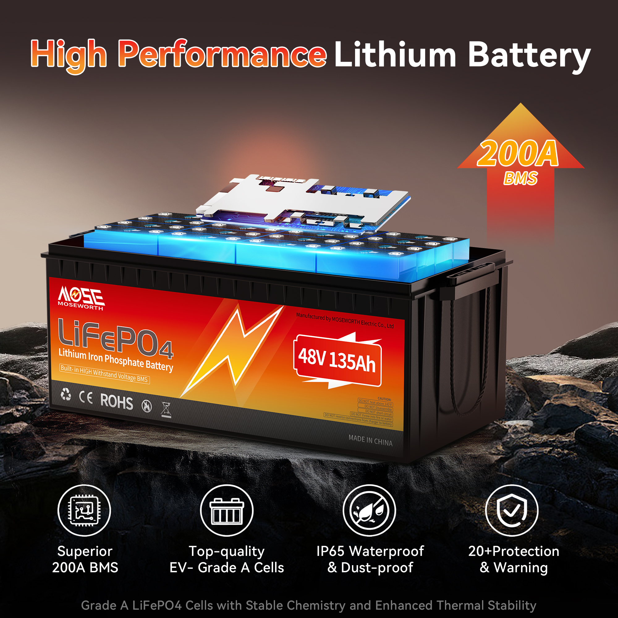 48V 135Ah  Golf Carts Lithium Lifepo4 Battery Bluetooth,200A BMS,for,Solar,RV,Motohome,off-Grid,Boat,Trolling Motor,15000+Deep Cycles
