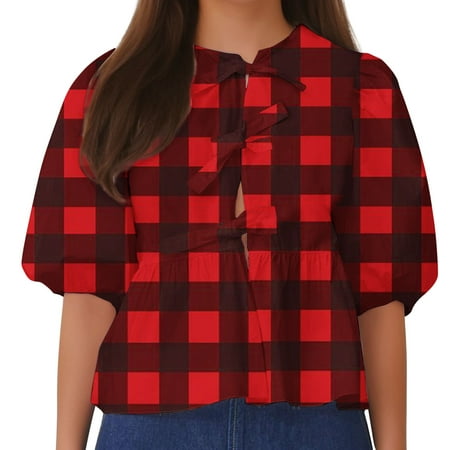 SHTXOZHI Womens Lace Up Front Tops Summer Print Babydoll Shirts Puff Sleeve Cute Blouses 2024