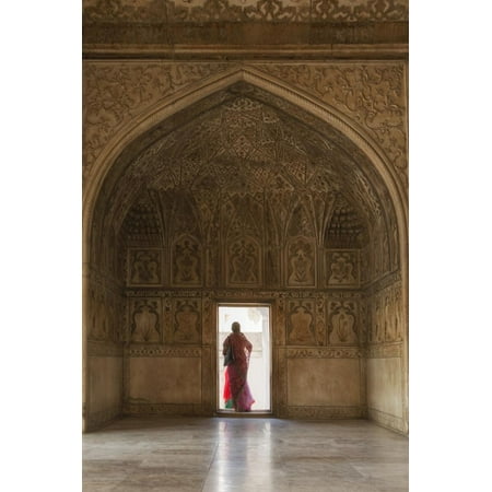 India, Uttar Pradesh, Agra, Agra Fort, a Woman in a Red Saree Walks Through the Interior Print Wall Art By Alex (Best Saree Designers In India)