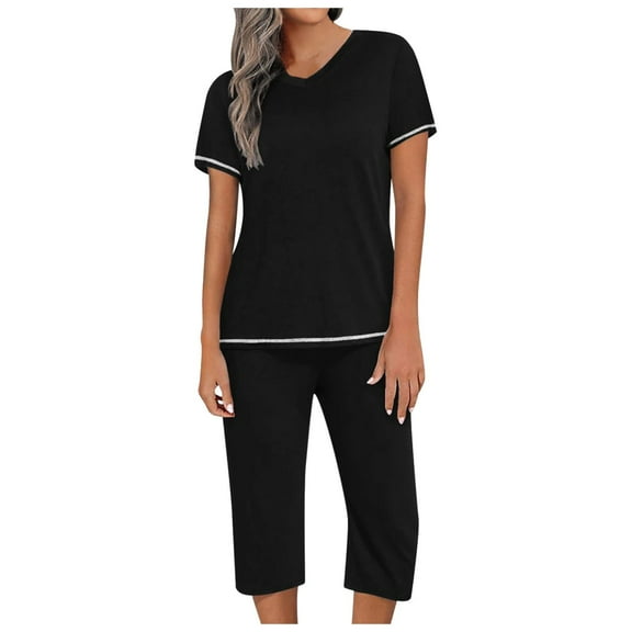 Women's Pajama Sets Solid Color Two Piece Home Wear V Neck Top Shorts Pjs Sets