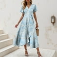thumbnail image 2 of felwors Summer Dresses for Women 2025 Casual V Neck Short Sleeve Floral Midi Dress Tie Waist Ruffle Boho Cute Summer Dress Sky Blue, M, 2 of 9