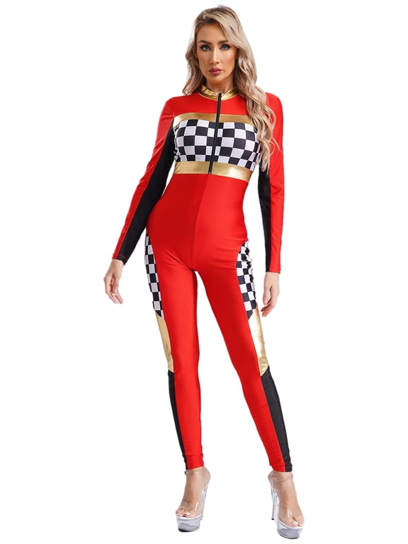 Womens Checkerboard Jumpsuit Rompers Racer Driver Costume Speed Car Driver Uniform Red XXL